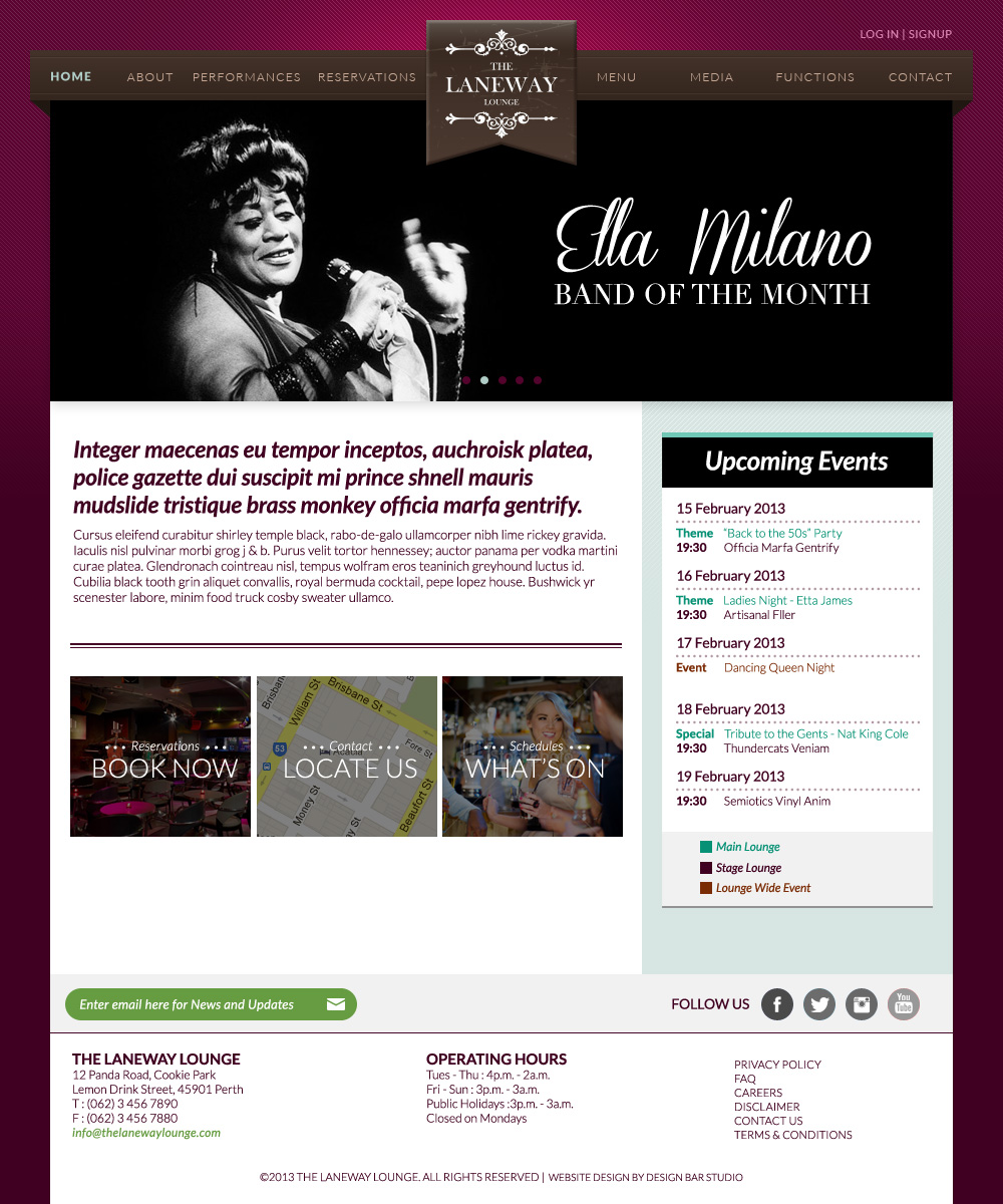 The Laneway Lounge Website Mocks